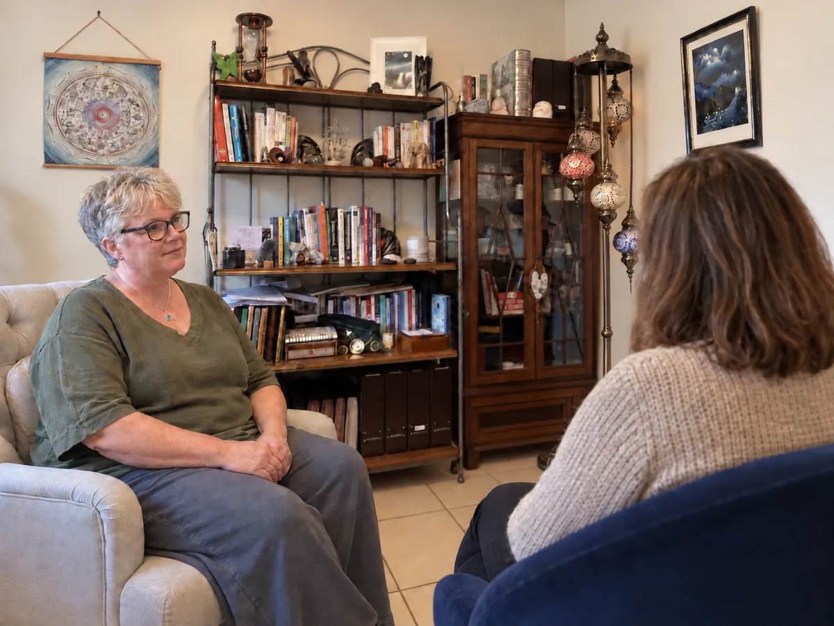 Alison in her consulting room with a client